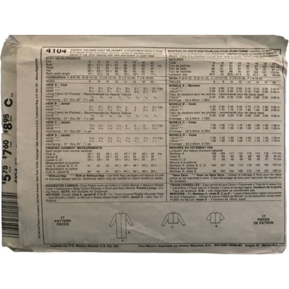 Vintage 1980s McCall's Easy Pattern 4104 - Unlined Coat or Jacket - Picture 2 of 2